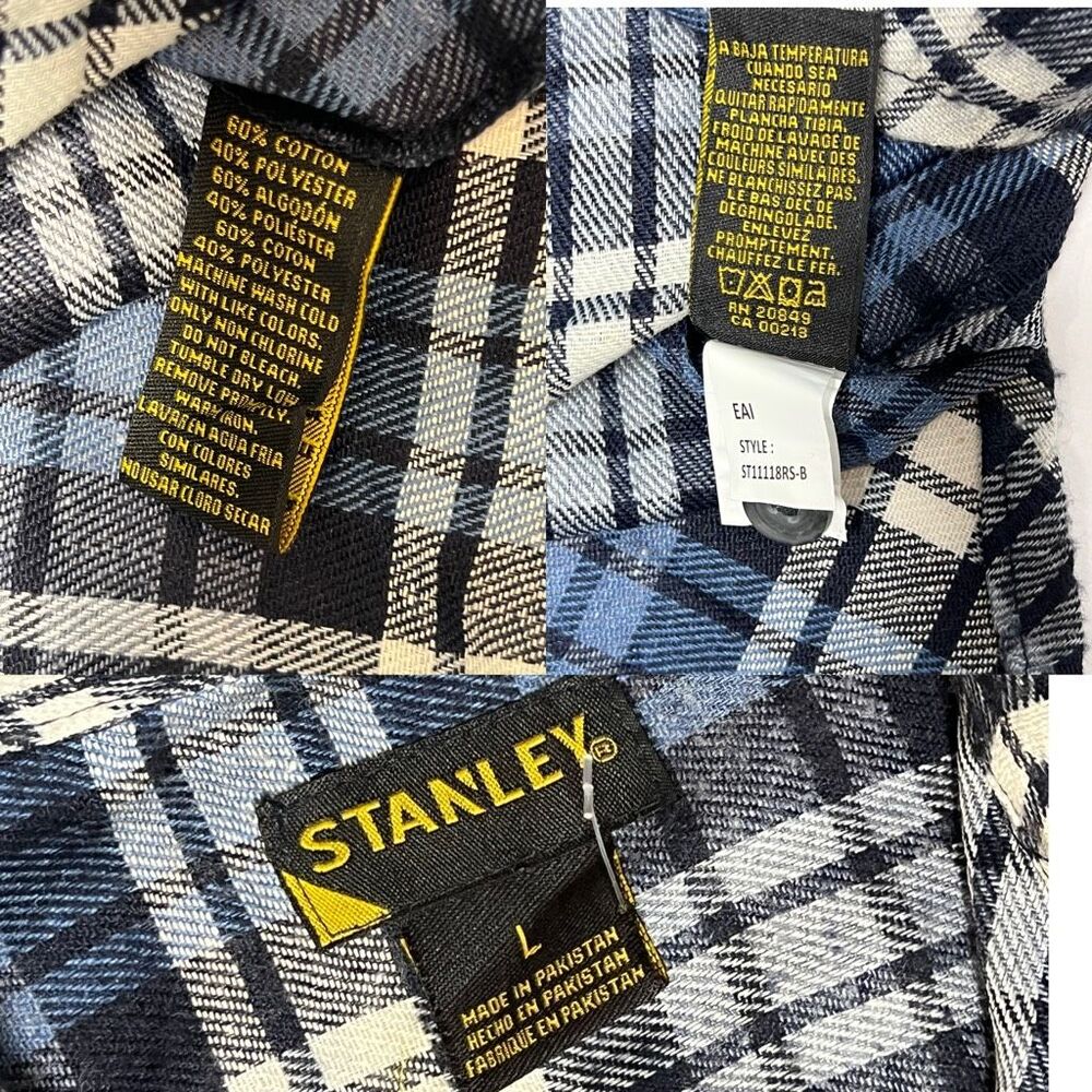 Stanley Workwear Flannel Button Up Blue Plaid Shirt Large 36" Sleeve Nwt — image 7 of 8